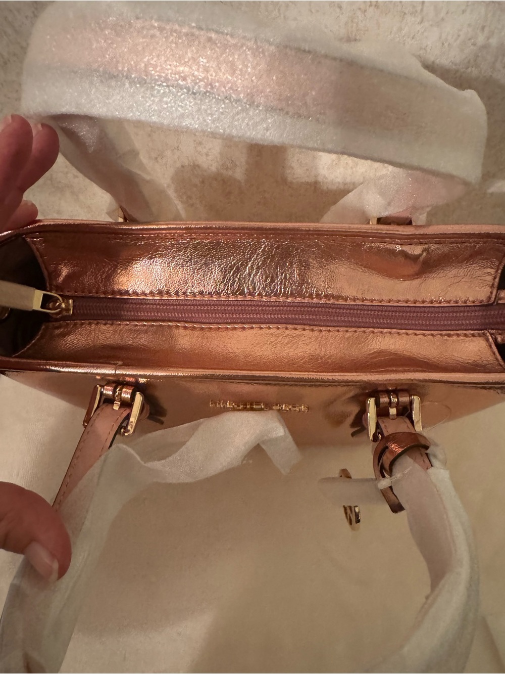 Michael Kors Metallic PrimRose Gold Leather Satchel with MK Charm - Picture 8 of 8